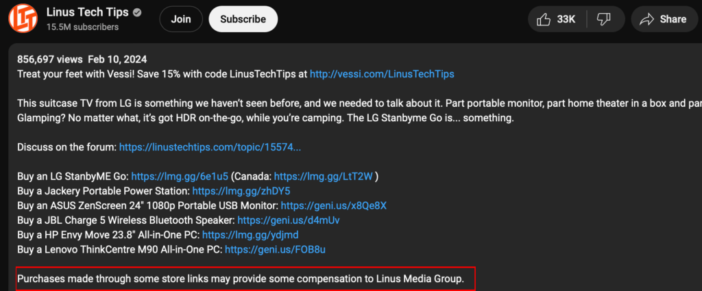 Example of Linus Tech Tips Disclosure